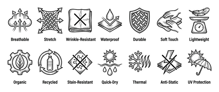 Set of fourteen hand-drawn textile feature icons illustrating material properties like breathable, waterproof, organic, and UV protection in a detailed black and white etching style