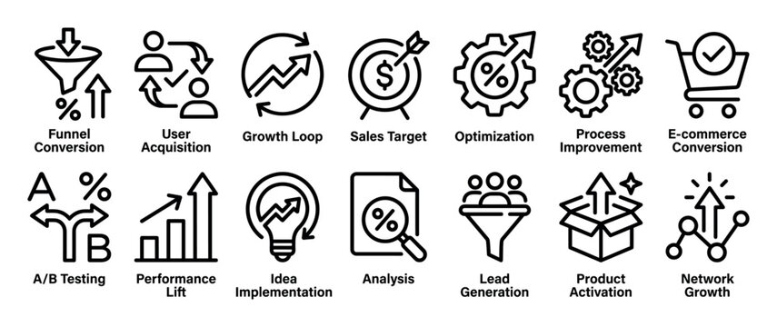 Set of business growth line icons for marketing and sales strategy, featuring pictograms for funnel conversion, user acquisition, optimization, A/B testing, and lead generation