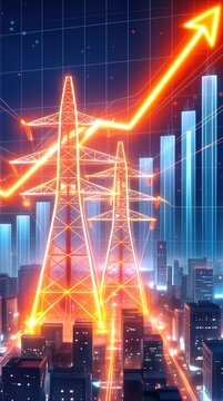 Rising energy costs and utility prices represented by glowing transmission towers and upward arrow over city skyline. Financial data visualization of electricity market trends.