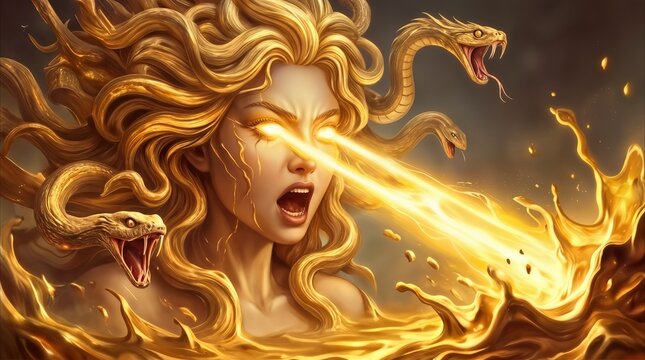 Serpent-haired character emitting energy beams from eyes. Fantasy creature screaming in golden liquid environment.
