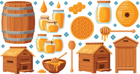 Honey production and beekeeping collection with jars hives and honeycomb isolated vector illustration for organic farm design © Prodip