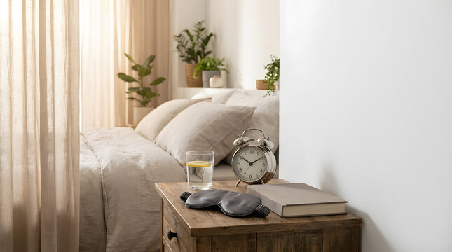 Bright bedroom interior with alarm clock, eye mask, water, and book on bedside table, showing morning light and healthy sleep routine concepts