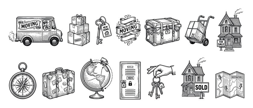 Vintage moving and relocation icons set in a detailed black and white engraving style showing a truck, house, boxes, keys, and a map for real estate and logistics concepts