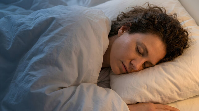 Woman resting under a blanket in bed at night, showing sleep health, circadian rhythm, bedtime routine, and natural body clock regulation