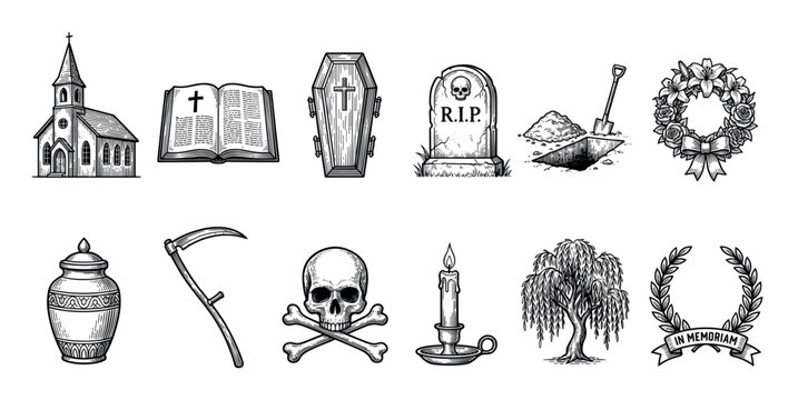 Collection of vintage funeral and death icons drawn in a black and white engraving style, with symbols like a coffin, tombstone, skull, grave, church, and memorial wreath