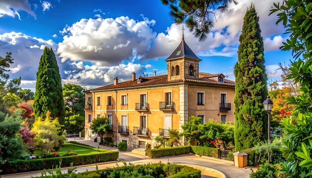 Historic Building with Lush Garden Landscape.