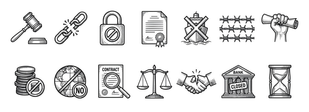 Set of black and white sanction icons in a vintage engraving style representing economic and political pressure, including a gavel, broken chain, embargoed ship, and closed bank