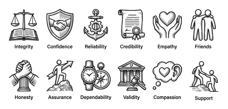 Collection of twelve hand-drawn icons illustrating core values and principles such as integrity, confidence, reliability, and honesty in a detailed black and white woodcut style