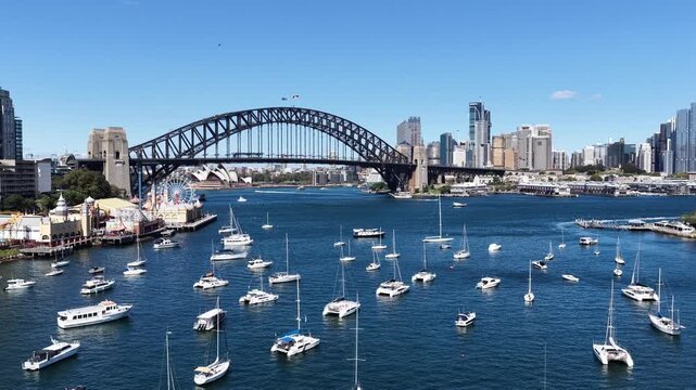 Sydney city low aerial view of Harbour waterfront from Lavender bay to The Rocks.