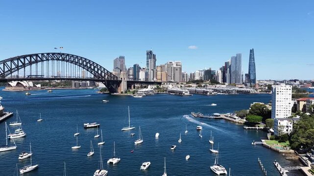 Mid air panorama of Lavender bay Sydney city harbour waterfront North Shore to city.