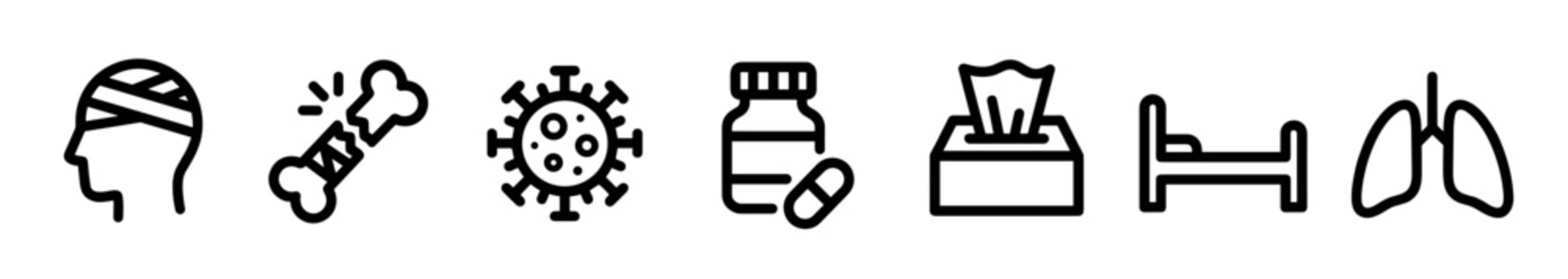 Seven black medical and healthcare pictograms showing a head injury, bone fracture, virus cell, medication, tissue box, hospital bed, and human lungs in a simple line art style