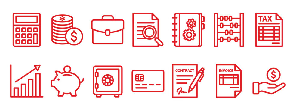 Red line art icons for finance and accounting including a calculator, piggy bank, contract, invoice, and tax form symbols for business and banking applications