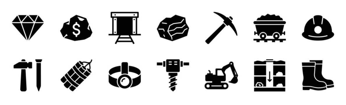 Set of black mining industry icons in a simple glyph style showing a diamond, pickaxe, mine cart, hard hat, dynamite, and excavator for resource extraction concepts