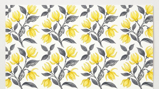 Elegant yellow floral pattern, a seamless botanical illustration with delicate gray leaves, perfect for textile design and decorative backgrounds