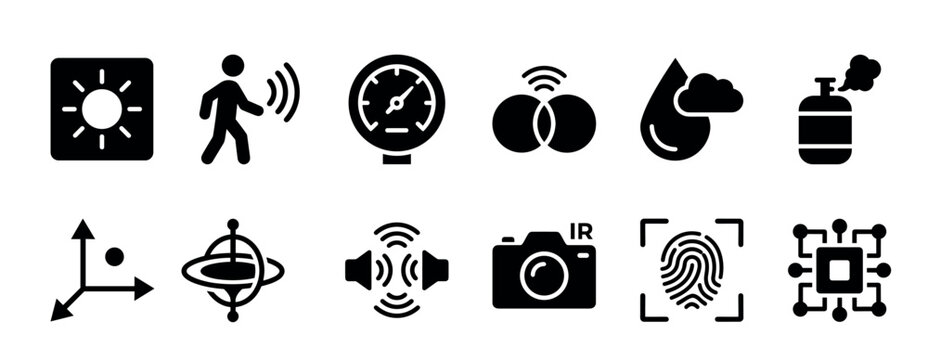 Collection of black solid sensor icons for smart technology, featuring symbols for light, motion, pressure, proximity, gas, gyroscope, sound, infrared, fingerprint, and a microchip