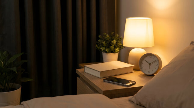 Warm bedside scene with lamp, alarm clock, books, plants, and smartphone, showing evening routine, sleep hygiene, and circadian rhythm habits