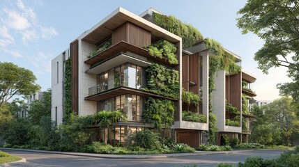 Fototapeta premium A modern multi-story building with lush greenery and balconies in a serene natural setting