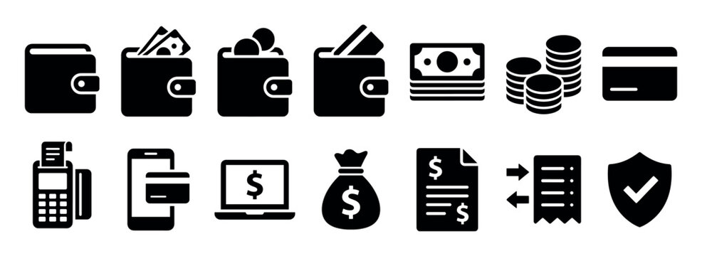 Black finance and payment method icon set featuring wallet, cash, credit card, mobile banking, and secure transaction symbols for business and commerce concepts