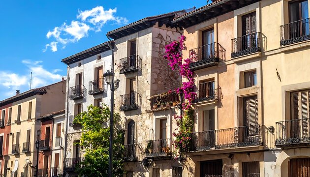 Row of colorful buildings with balconies.