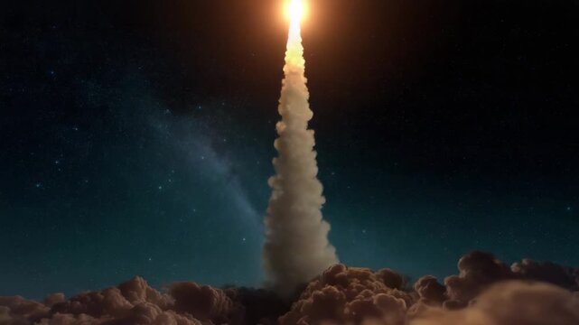 Rocket launching into starry night sky with vertical smoke trail, space exploration, aerospace mission, orbital flight, future technology, astronomy and scientific discovery