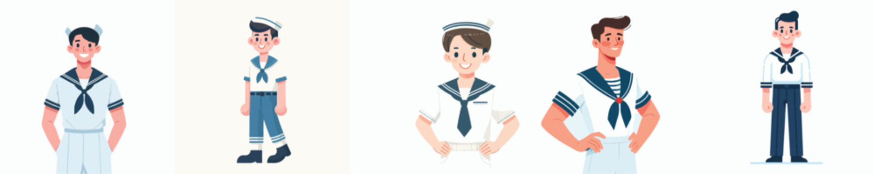 The image shows a series of cartoon-style characters wearing sailor uniforms in different poses and expressions. The characters appear cute and friendly, with simple designs and soft colors. Some are 
