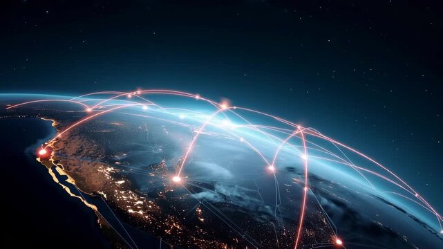 Satellite orbiting above Earth at night with city lights and atmospheric glow, space technology, Earth observation, global communication, remote sensing