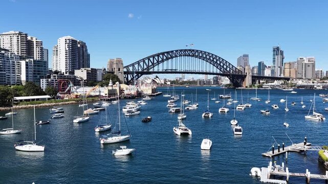 Lavender bay on Sydney Harbour in aerial cityscape view over marina yachts floating.