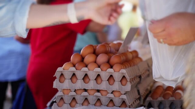 Woman buying fresh organic brown eggs from a farmer at bustling outdoor market, exchanging money with vendor, supporting local agriculture, healthy eating, and small business.