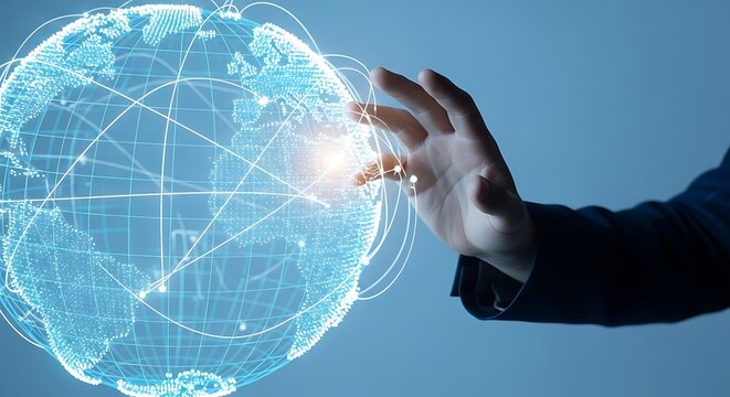 Businessman hand touching a glowing digital globe with interconnected network lines representing global communication and international business
