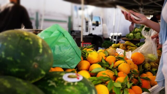 Customers shopping at farmers market fruit stand, buying fresh pears and paying vendor, showing consumer behavior, retail transaction, and grocery shopping activity.