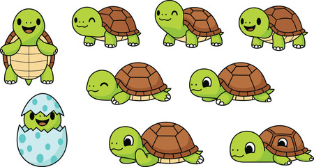Naklejka premium Cute cartoon turtle character collection with baby hatchling isolated vector illustration for kids education and animal mascot design