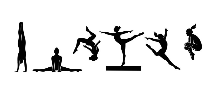 Gymnast silhouette set female gymnastics performing athletic poses, handstand, splits, leaps, and flips on white background showcasing flexibility, strength, balance, active fitness sport vector arts.