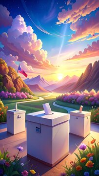 Voting boxes in a serene landscape.