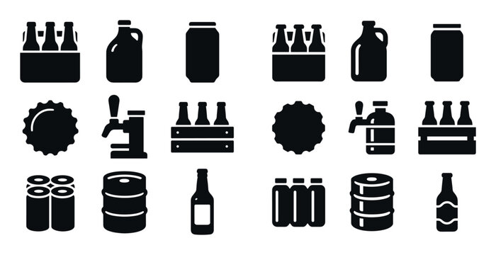 Beverage icons with bottle can crate solid