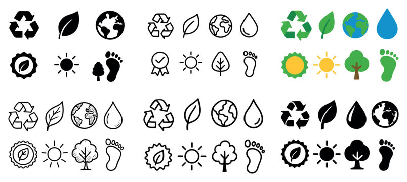 Eco icons with leaf globe and recycle outline
