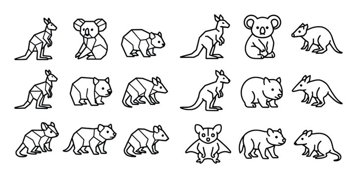 Marsupial icons with kangaroo koala wombat geometric