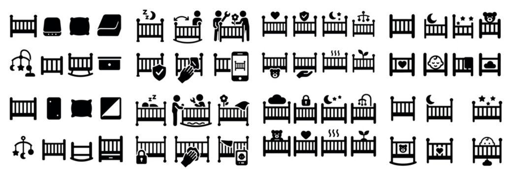 Baby icons with crib mobile bottle silhouette