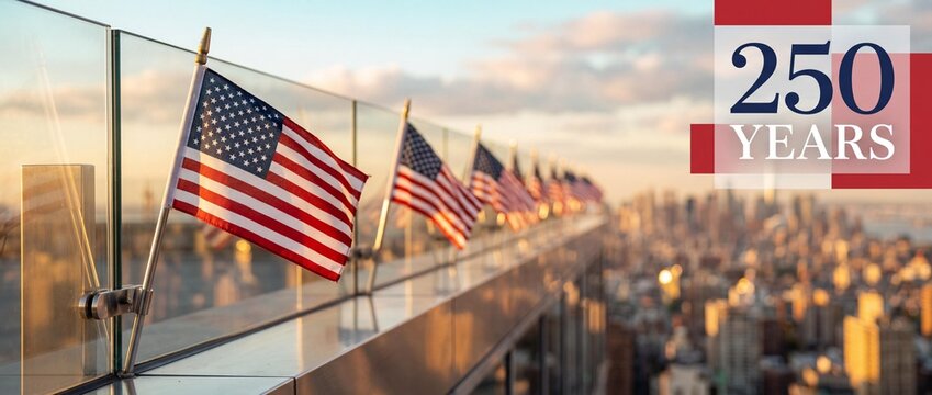 American flags on glass balcony overlooking cityscape with 250 years text overlay