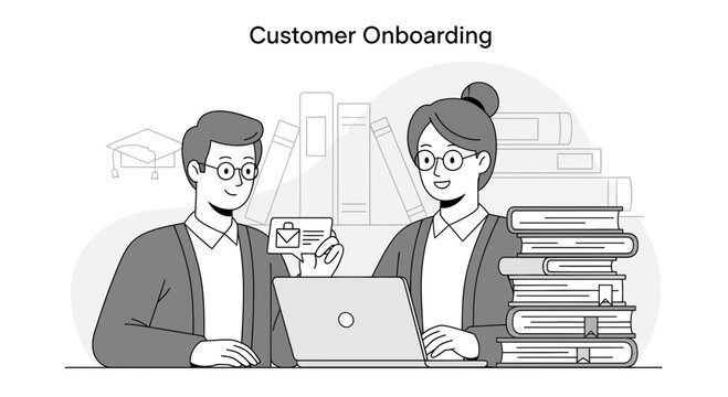 Customer Onboarding Process Illustration with Books and Laptop