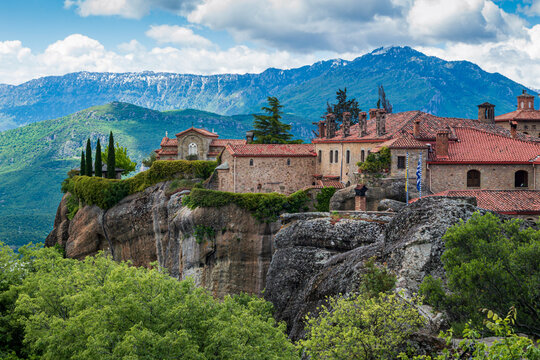 Meteora Monastery on Rocky Cliffs with Mountain Landscape in Greece
