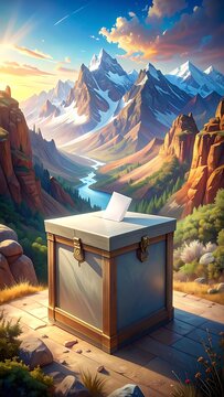 Voting box in scenic mountain landscape.