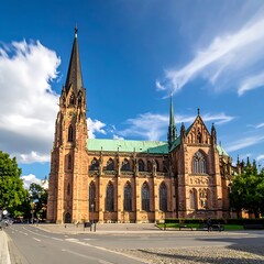 Obraz premium A large, historic brick church with green roof