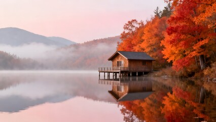 Obraz premium Wooden cabin on lake with autumn trees