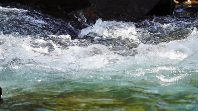 Close-up video of surface of a turbulent mountain river with clear, bluish water at 4x slower speed and a front view of the current side low angle view. Soothing shots of nature, 30 fps full hd