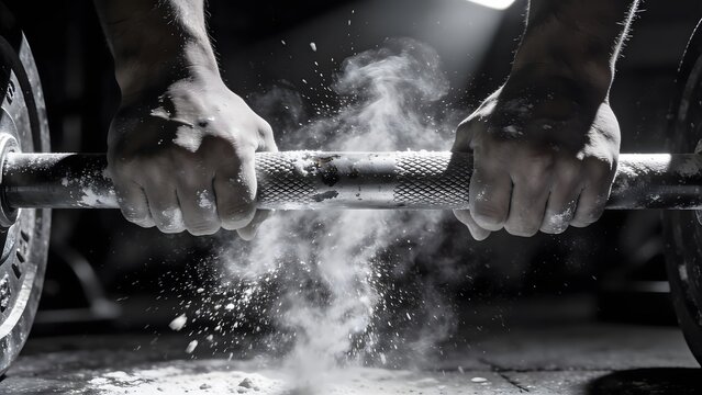 Heavy barbell grip with exploding chalk dust in weightlifting gym