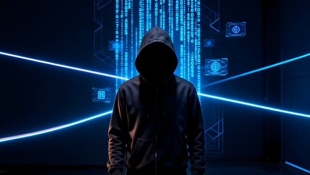 Hooded figure in digital code environment