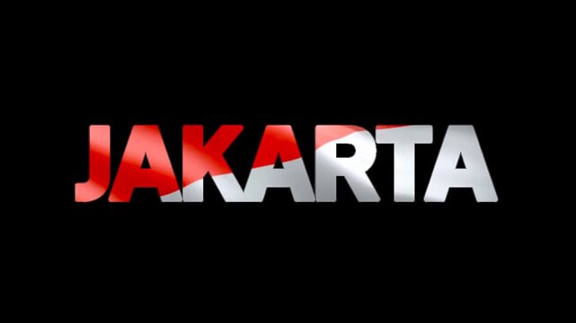 The text reads "Jakarta" with red and white animation inside. It's the name of the capital of Indonesia. Alpha video.