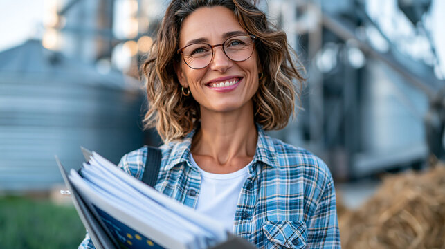 Ultra realistic commercial stock photo of a confident female rural development officer in smart casual outdoor clothing standing at entrance of newly built modern grain storage fac