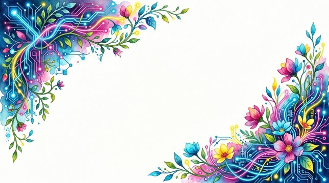 Vibrant watercolor floral and technology border illustration, a colorful digital garden with glowing circuit lines and botanical elements, perfect for modern design and innovation themes.