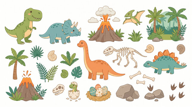 Cute Dinosaur Adventure Vector Set with Volcanoes Fossils Jungle Plants and Prehistoric Clipart